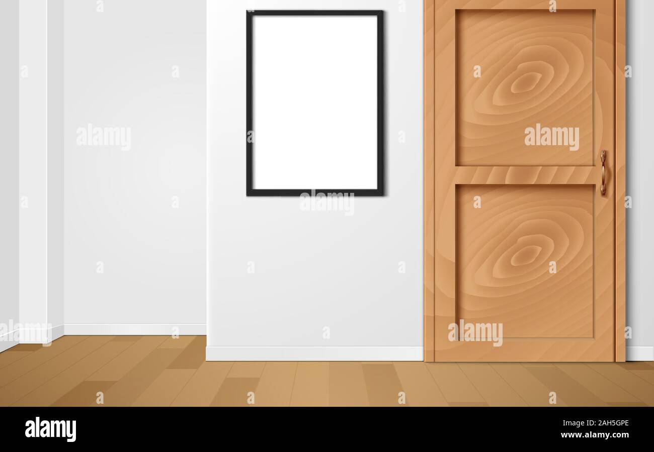 Porta di legno e il photo frame in camera bianca Illustrazione Vettoriale
