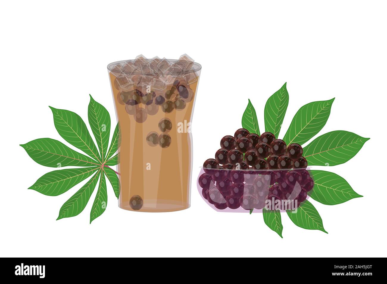 Bubble tea, perle di tapioca e manioca foglie isolati su sfondo bianco. Tapioca gelificato palle nere per Boba tè con foglie di manioca e i cubetti di ghiaccio. Illustrazione Vettoriale