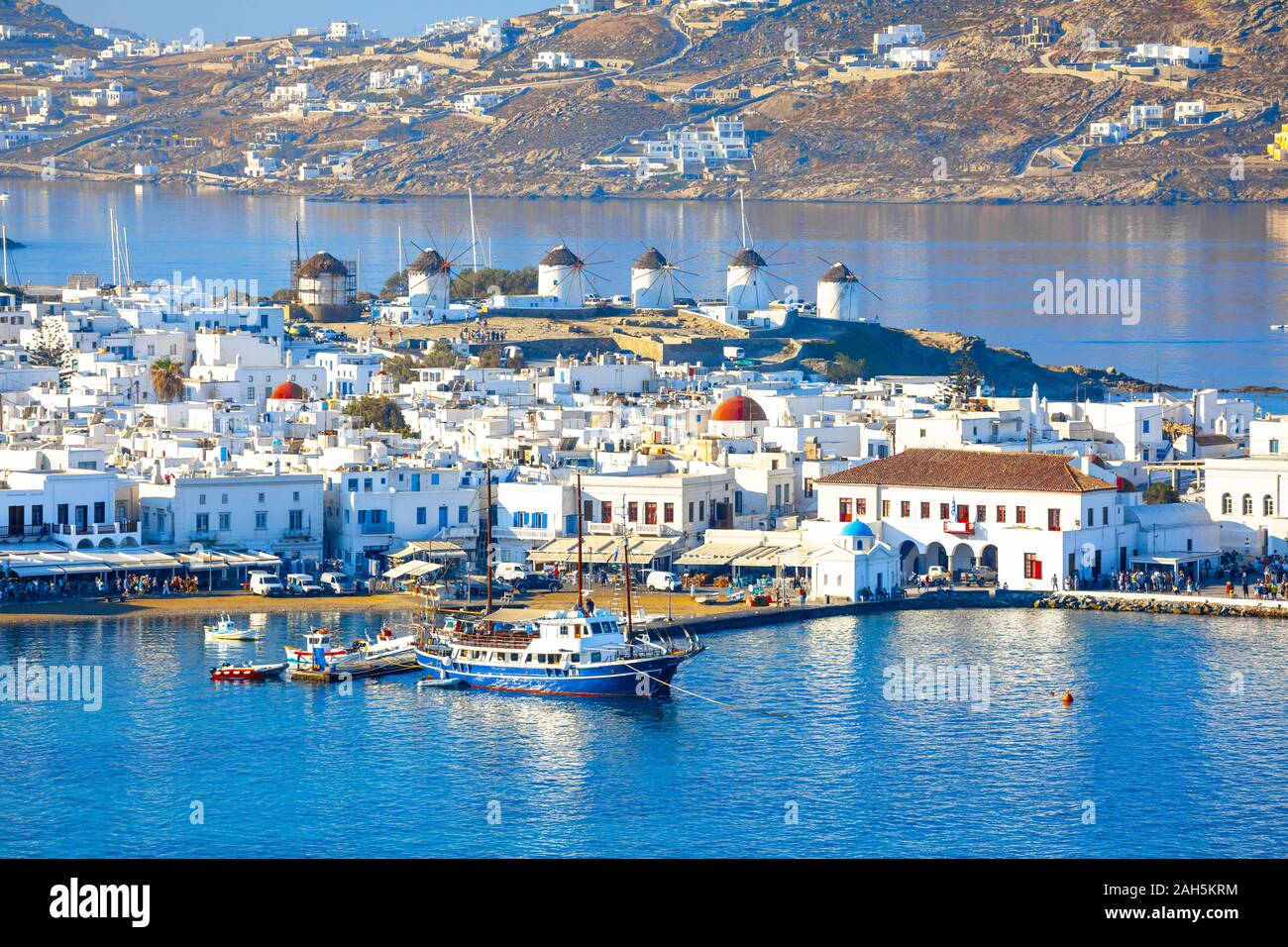 Vista panoramica della città di Mykonos, Cicladi, Grecia Foto Stock