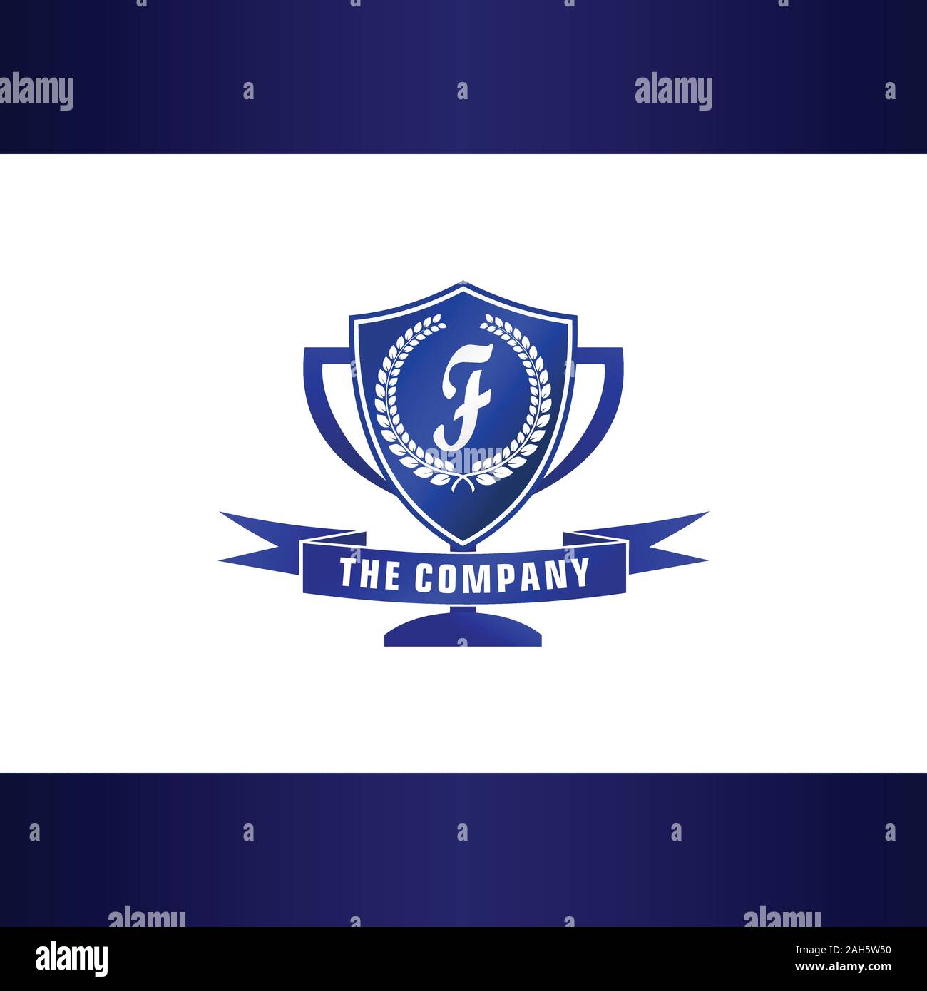 Lettera F alfabetiche company Logo Design Template, blu trofeo con scudo e forma l'elemento di intestazione Concetto di logo, Torneo League Logo iniziale Illustrazione Vettoriale