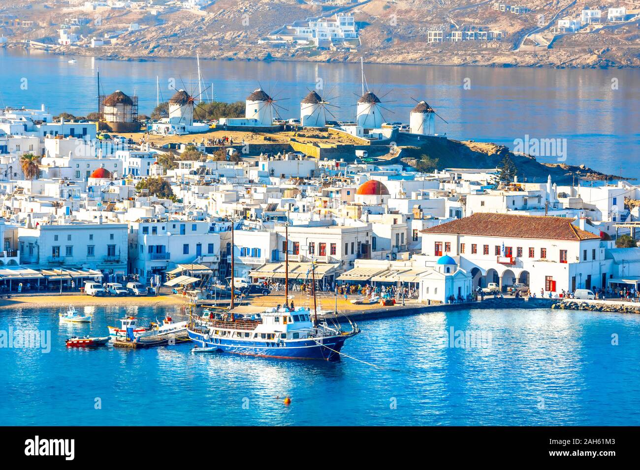 Vista panoramica della città di Mykonos, Cicladi, Grecia Foto Stock