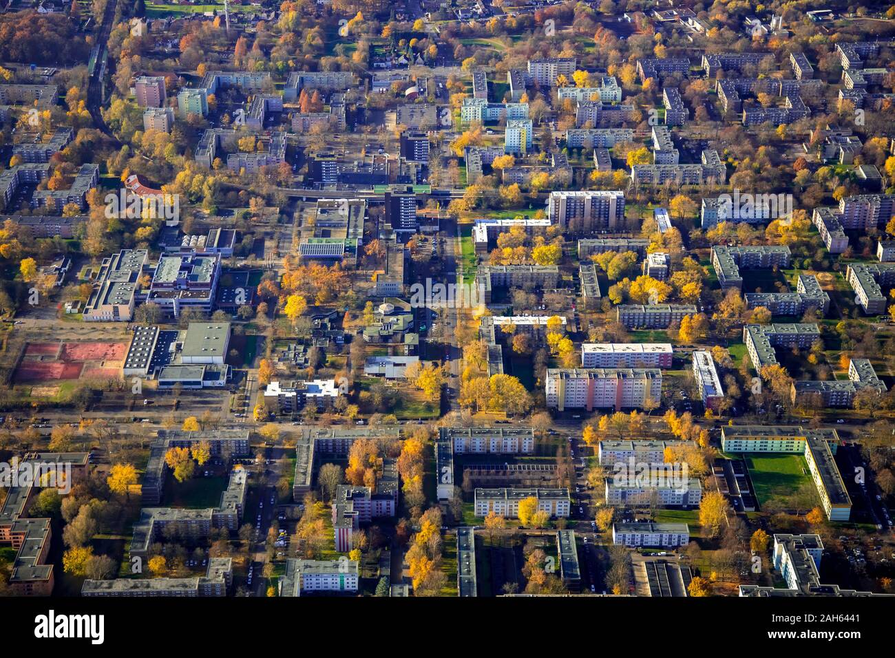 Fotografia aerea, alto-aumento alloggiamento estate in Dortmund-Scharnhorst, Dortmund, la zona della Ruhr, Renania settentrionale-Vestfalia, Germania, DE, Europa, uccelli-eyes view Foto Stock