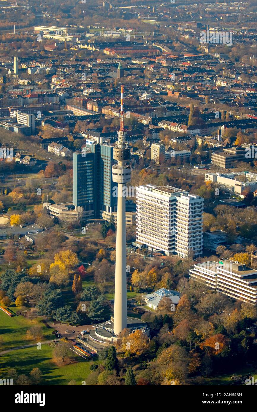 Vista aerea, panoramica Westfalenpark, Florianturm, Dortmund, la zona della Ruhr, Renania settentrionale-Vestfalia, Buschmühle Ristorante, Buschmühleteich, Germania, DE, UE Foto Stock
