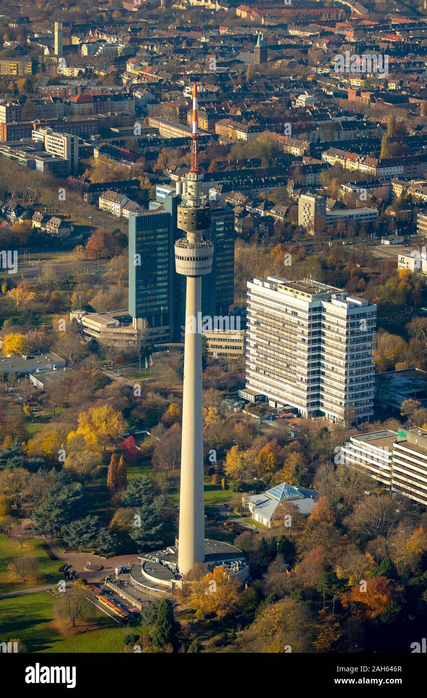 Vista aerea, panoramica Westfalenpark, Florianturm, Dortmund, la zona della Ruhr, Renania settentrionale-Vestfalia, Buschmühle Ristorante, Buschmühleteich, Germania, DE, UE Foto Stock