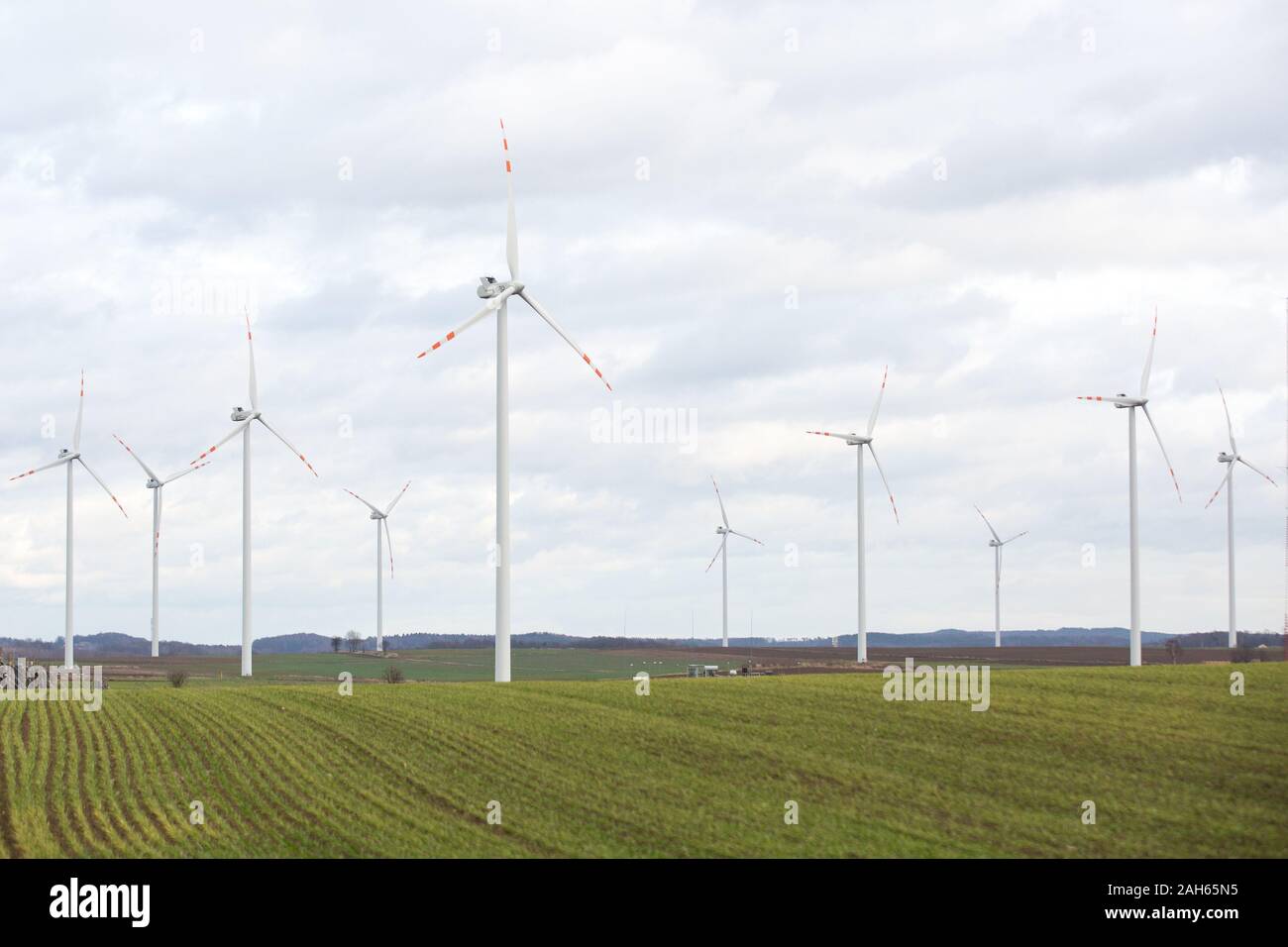 Zgorzelec, Polonia. Il 9 dicembre, 2019. Le turbine eoliche visto vicino al confine tra Polonia e Germania in Zgorzelec. Il proprietario del Jedrzychowice & Zgorzelec wind farm è il portoghese wind energy group Renovaveis EDP. Credito: Karol Serewis SOPA/images/ZUMA filo/Alamy Live News Foto Stock