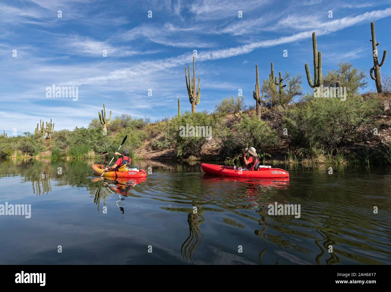 Il kayak il sale del fiume dal lago del Saguaro Guest Ranch, Arizona Foto Stock