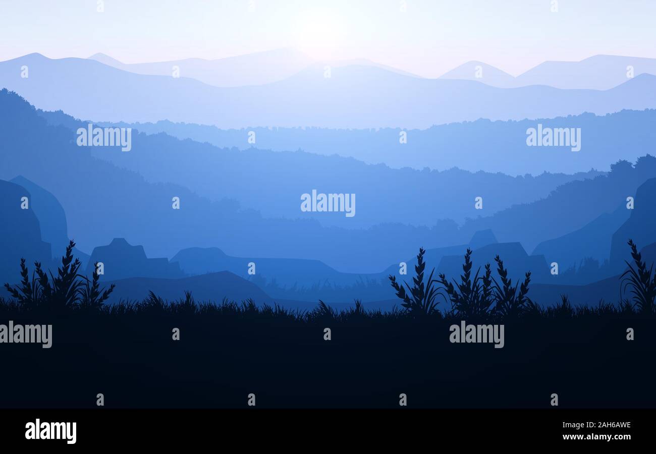 Naturale di alberi da foresta montagne colline orizzonte sagome di alberi e colline in serata gli orari di alba e tramonto sfondo paesaggistico Illustrazione Vettore Illustrazione Vettoriale