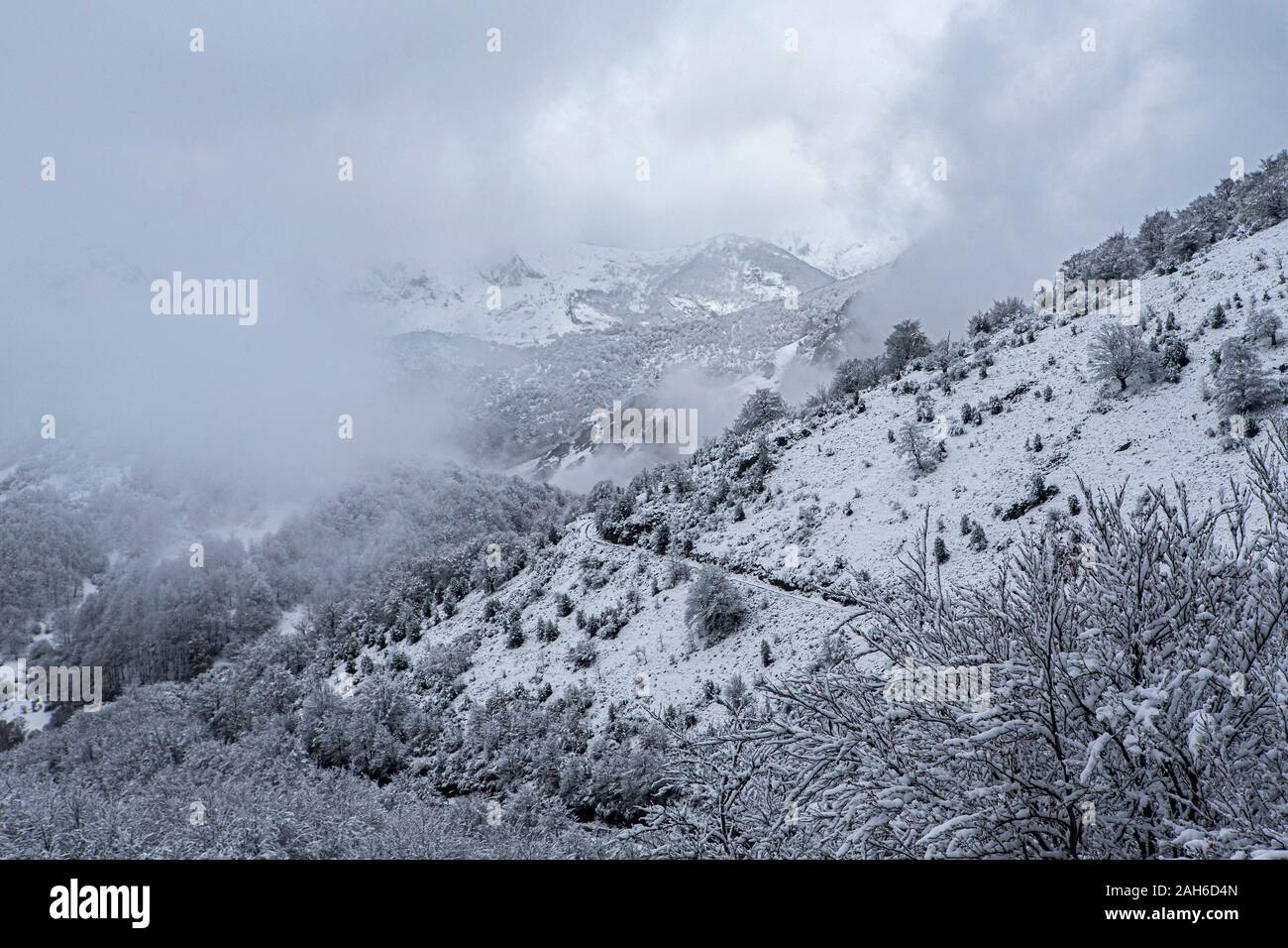 Montagne innevate nel nord della Spagna Foto Stock