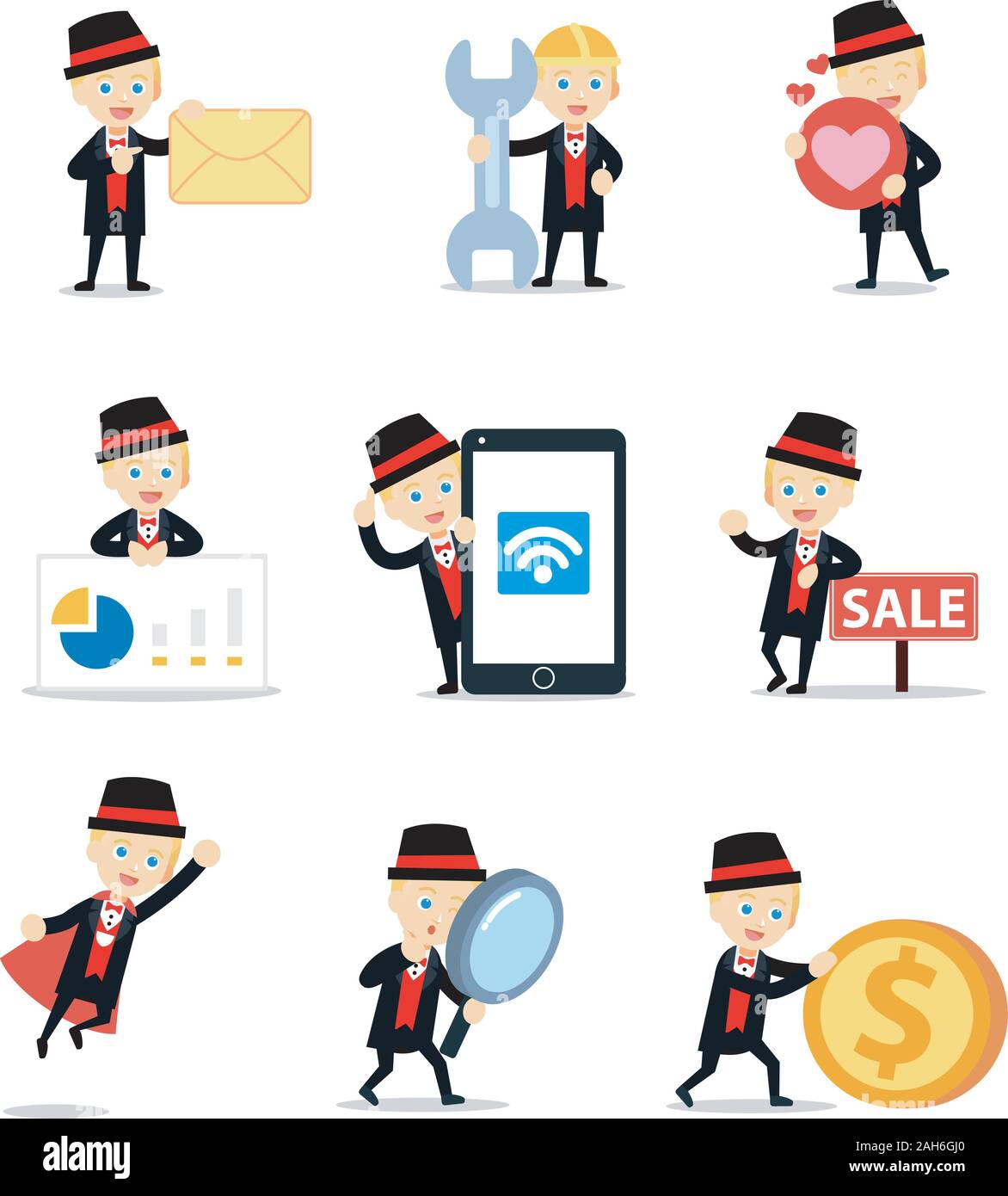 Un set di caratteri di un mago uomo nel mostrare trucchi. Illustrazione Vettoriale