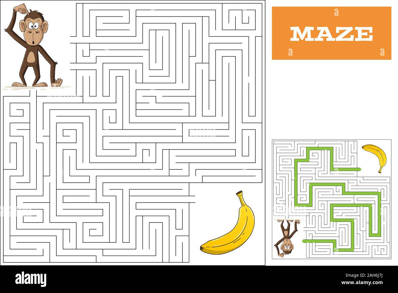 Cartoon gioco puzzle con soluzione. Disegnare a mano illustrazione vettoriale con strati separati. Illustrazione Vettoriale