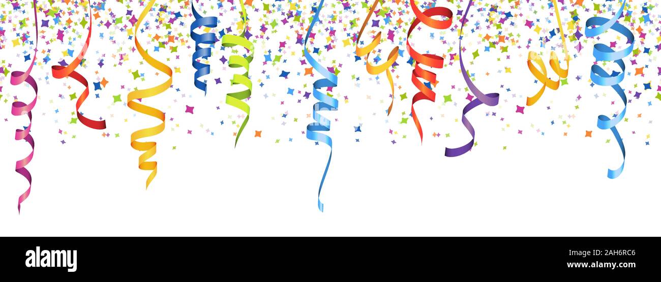 Illustrazione vettoriale di seamless multi colore coriandoli e stelle filanti per carnevale o il tempo del partito su sfondo bianco Illustrazione Vettoriale