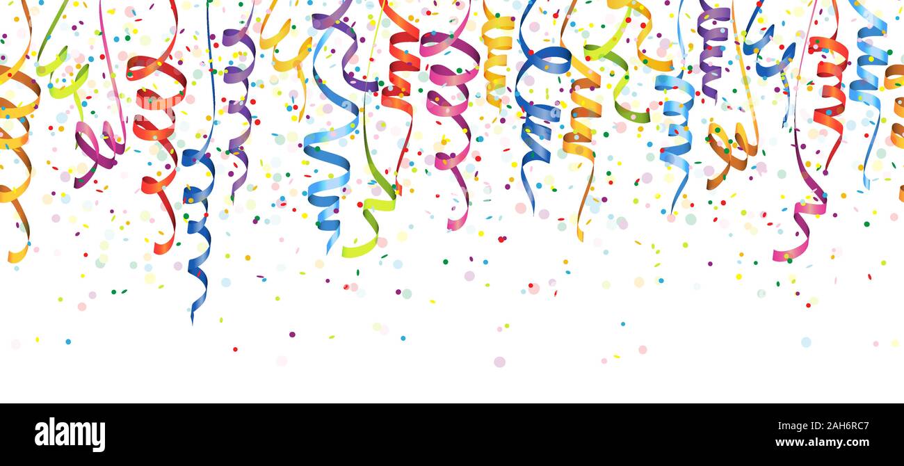 Illustrazione vettoriale di seamless multi colore coriandoli e stelle filanti per carnevale o il tempo del partito su sfondo bianco Illustrazione Vettoriale