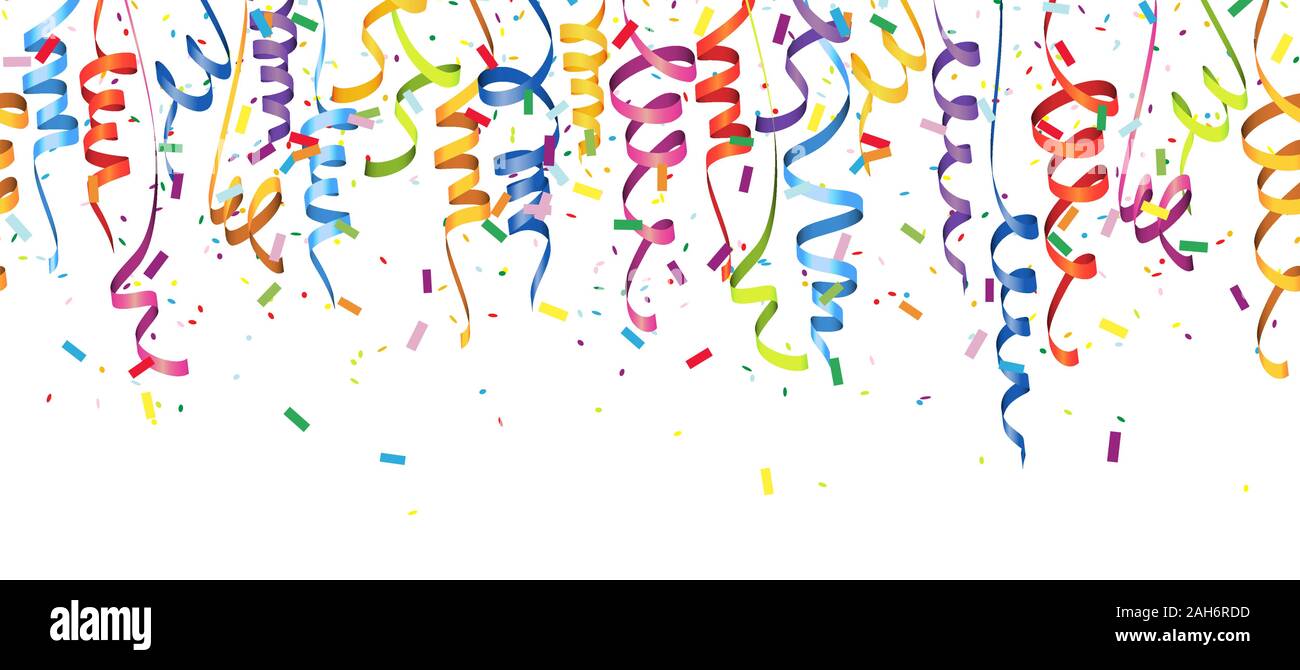 Illustrazione vettoriale di seamless multi colore coriandoli e stelle filanti per carnevale o il tempo del partito su sfondo bianco Illustrazione Vettoriale