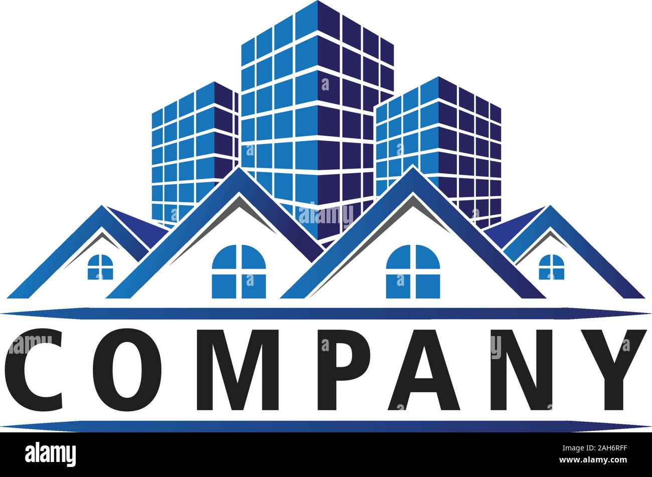 Real Estate company Logo Design Template, Blue House e Building Concept. Architettura costruttiva elemento, appartamento condominio, Rouded forma la finestra Illustrazione Vettoriale