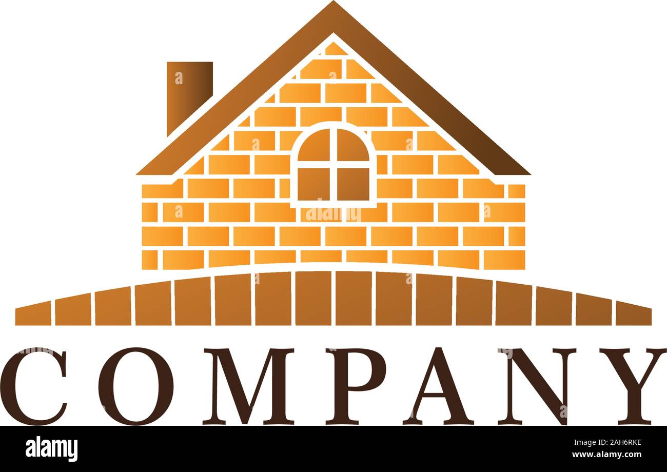 Vintage House Real Estate Logo Design Template, impresa di costruzioni, finestra arrotondato forma, tetto, camino, muro di mattoni, recinzione di legno, Home Builders Illustrazione Vettoriale