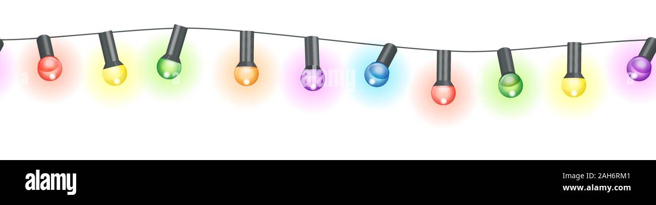Illustrazione vettoriale di seamless lampadine luce stringa con colori diversi isolati su sfondo bianco Illustrazione Vettoriale