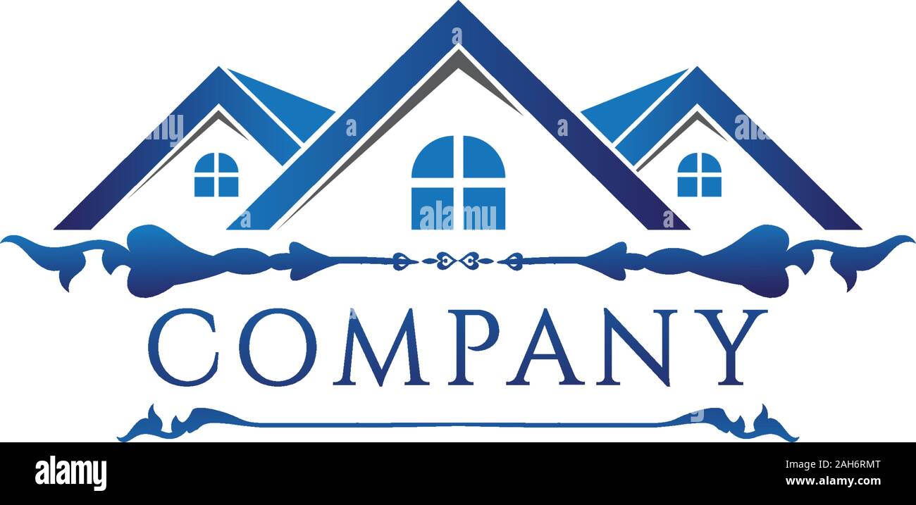 Con motivi floreali blu Casa Immobiliare di Logo Design Template, società di costruzioni, icona di casa, finestra arrotondato forma, tetto, Home Builders, vettoriale EPS 10 Illustrazione Vettoriale