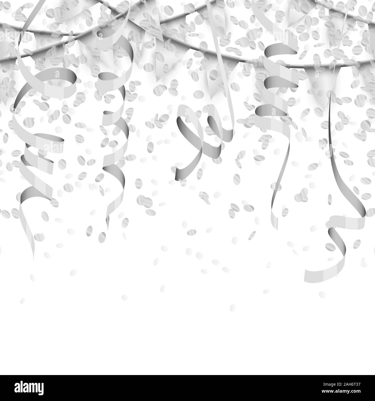 Illustrazione vettoriale di seamless color argento di coriandoli, ghirlande e streamers su sfondo bianco per party o utilizzo di carnevale Illustrazione Vettoriale