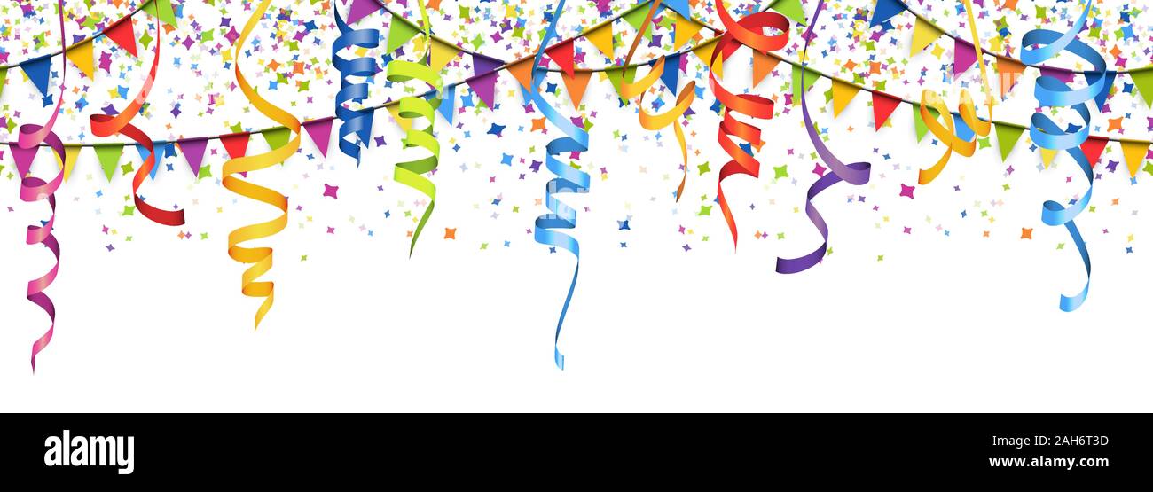 Illustrazione vettoriale di seamless coriandoli colorati, ghirlande e streamers su sfondo bianco per party o utilizzo di carnevale Illustrazione Vettoriale