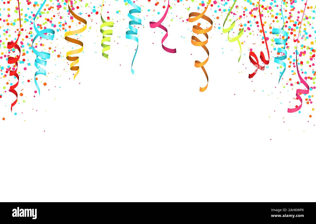 Illustrazione vettoriale del colorato di coriandoli e stelle filanti su sfondo bianco per party o utilizzo di carnevale Illustrazione Vettoriale