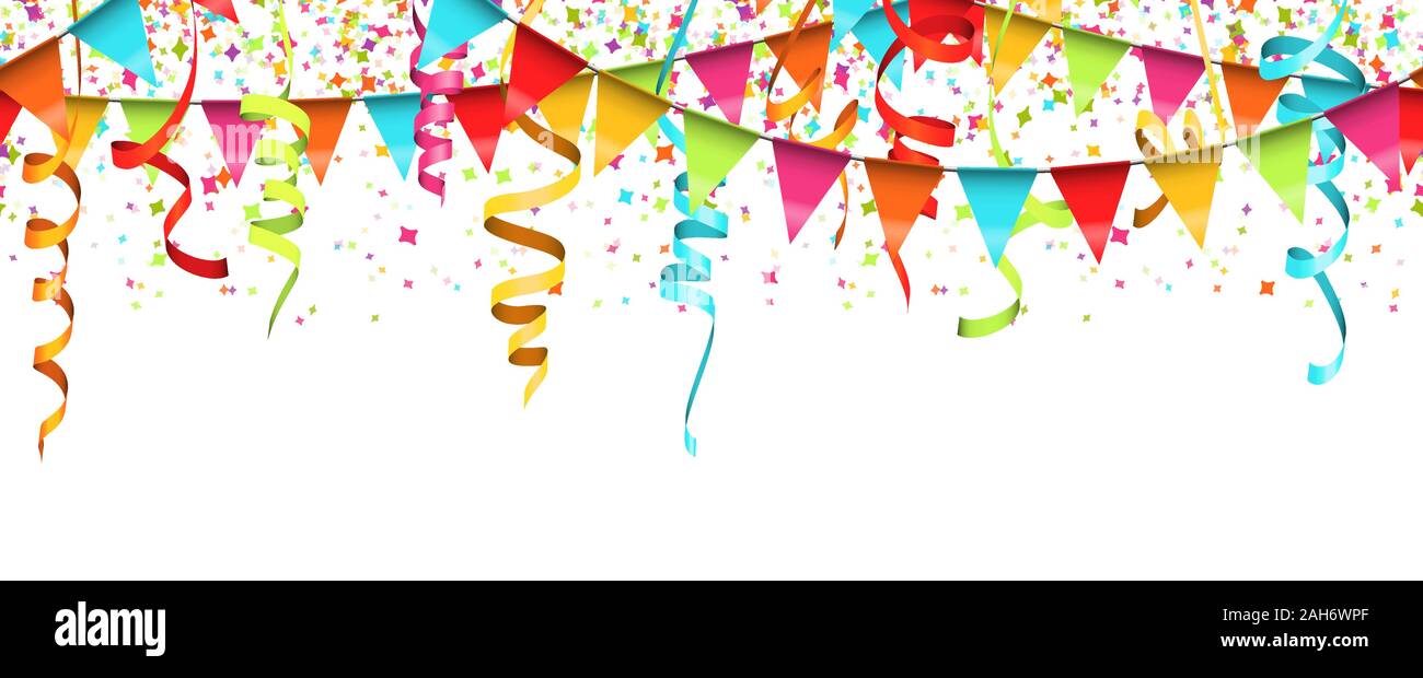 Illustrazione vettoriale di seamless coriandoli colorati, ghirlande e streamers su sfondo bianco per party o utilizzo di carnevale Illustrazione Vettoriale