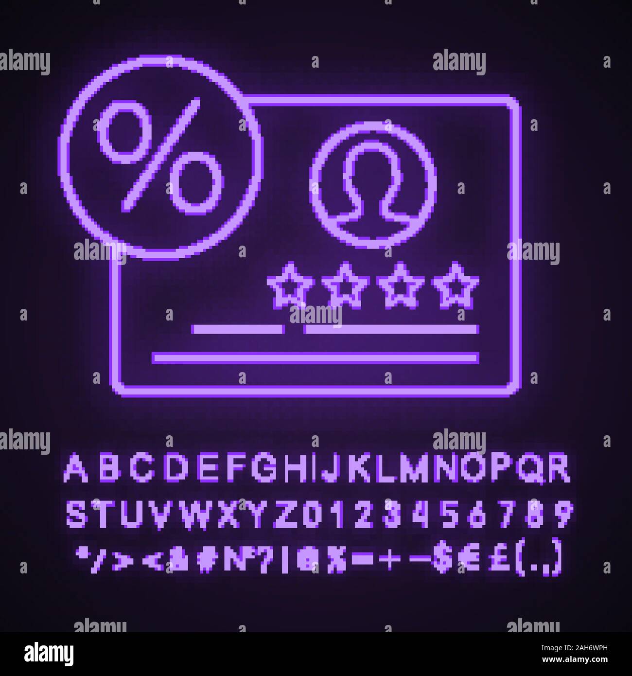 La fedeltà del cliente programma luce al neon icona. Buone ed eccellenti recensioni in percentuale. Commenti di clienti analizzando. Segno incandescente con alfabeto, numeri e s Illustrazione Vettoriale