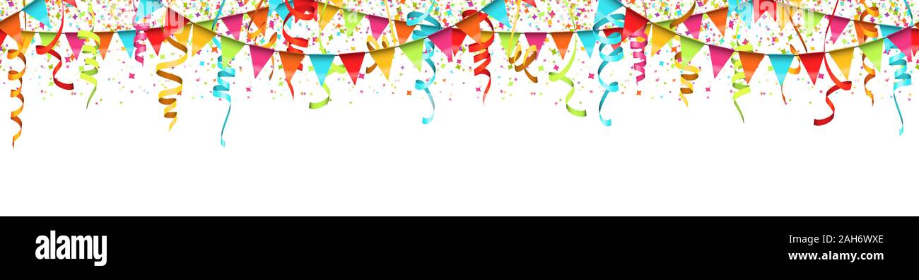 Illustrazione vettoriale di seamless coriandoli colorati, ghirlande e streamers su sfondo bianco per party o utilizzo di carnevale Illustrazione Vettoriale