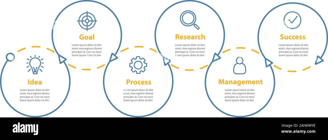 Gestione del progetto infografico vettore modello. Raggiungimento. Obiettivo il raggiungimento. Idea di realizzazione. Per la visualizzazione di dati con sei passaggi e opzioni. Procedimento Illustrazione Vettoriale