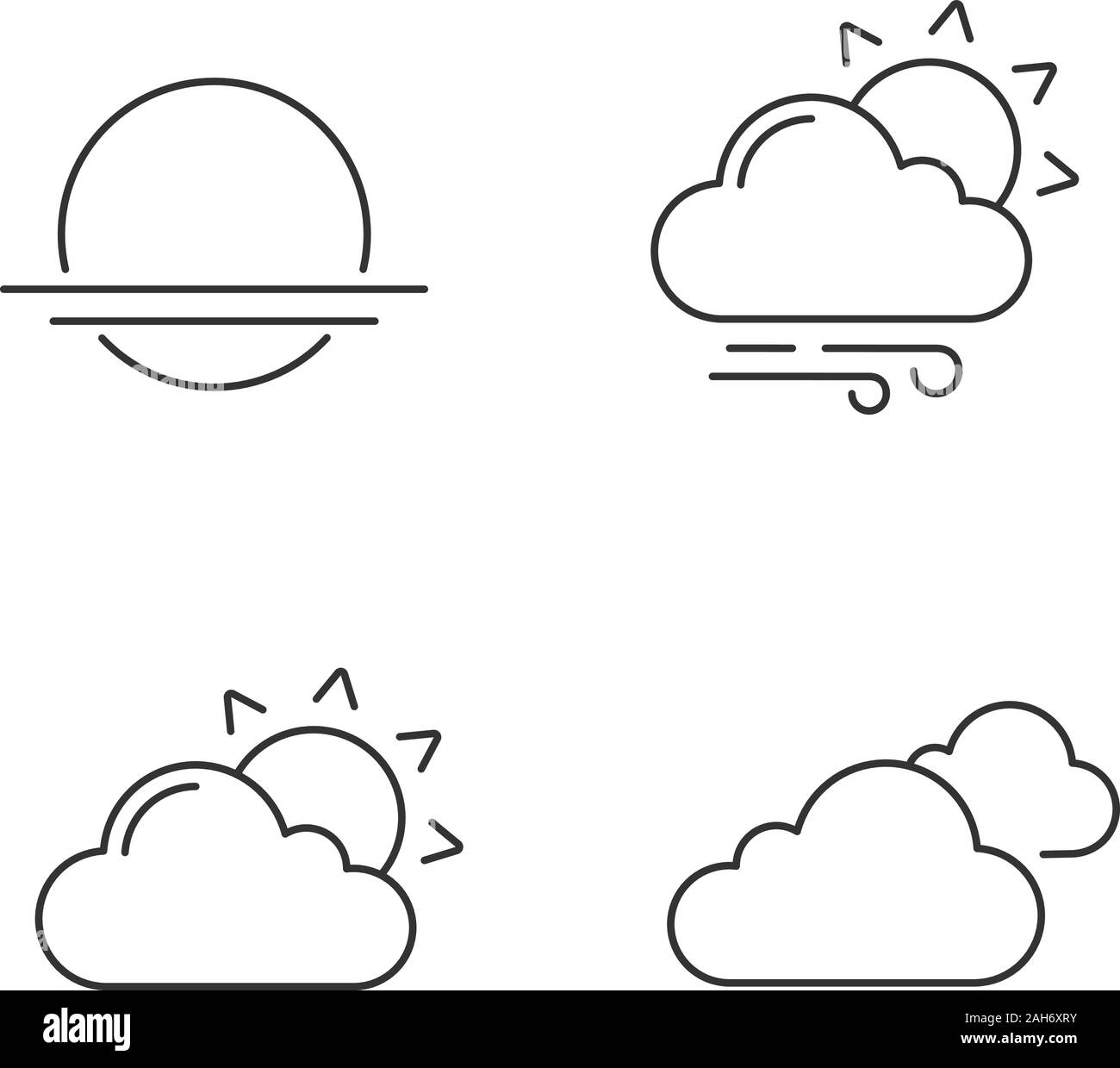 Previsioni meteo lineare set di icone. Gli orari di alba e tramonto, parzialmente nuvoloso e ventoso, nuvole. Linea sottile simboli di contorno. Vettore isolato illust contorno Illustrazione Vettoriale