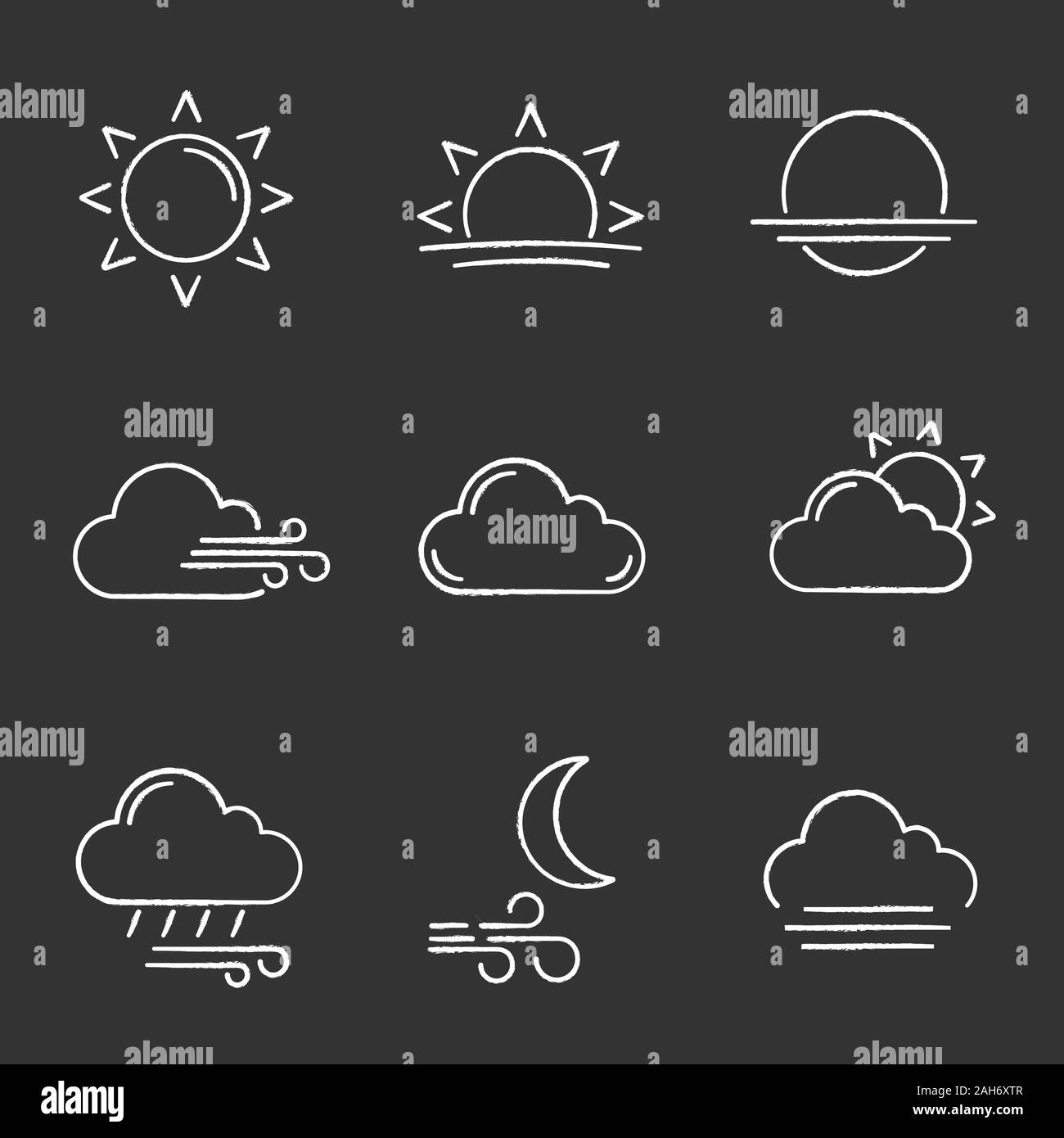 Previsioni meteo chalk set di icone. Sun, gli orari di alba e tramonto,  vento, cloud parzialmente nuvoloso meteo, pioggia, vento Notte e nebbia.  Vettore isolato lavagna Immagine e Vettoriale - Alamy
