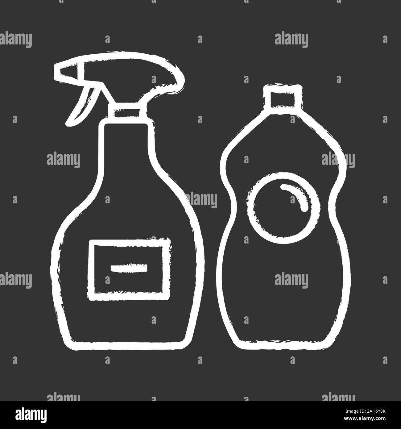 Prodotti chimici di pulizia chalk icona. Detergente per vetri, lavastoviglie liquido. Prodotti per la pulizia di bagno, cucina, wc. Piastrella, vasca-doccia detergente. Ve isolato Illustrazione Vettoriale