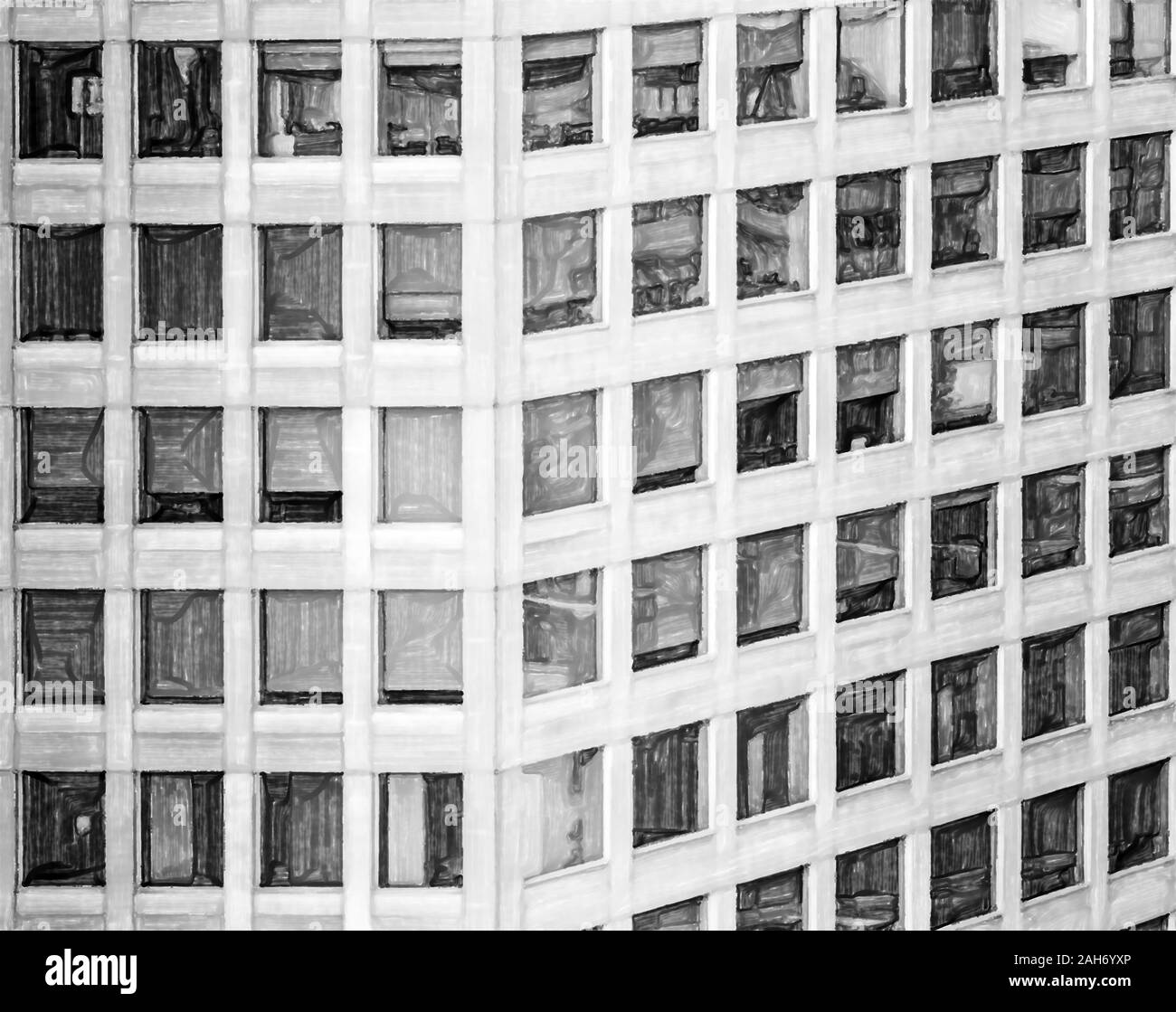 Acquerello immagine: riassunto in bianco e nero immagine sviluppata di un ufficio di alto-aumento con quasi finestre quadrate, architettura Foto Stock