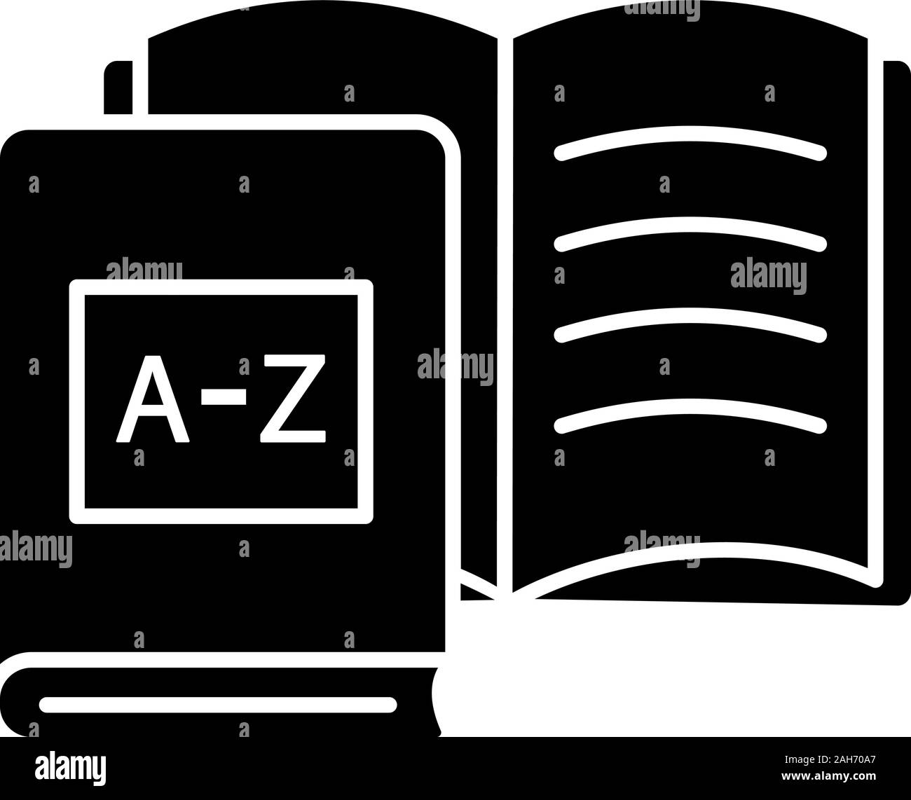 Apprendimento di una lingua straniera libri icona glyph. Lezioni di lingua. Studente la cartella di lavoro. I materiali educativi e biblioteca. Simbolo di Silhouette. Lo spazio negativo. Illustrazione Vettoriale