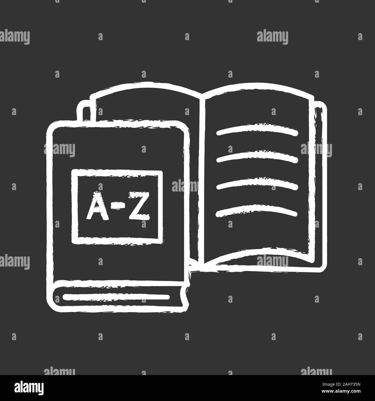 Apprendimento di una lingua straniera libri icona chalk. Lezioni di lingua. Studente la cartella di lavoro. I materiali educativi e biblioteca. Vettore isolato illustr lavagna Illustrazione Vettoriale
