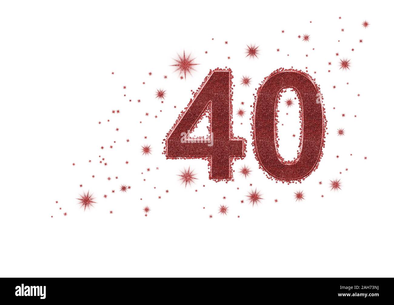 40, quaranta numero in rosso con glitter e stelle dorate, isolato su sfondo bianco. Ideale compleanno, ruby anniversario di matrimonio. Foto Stock