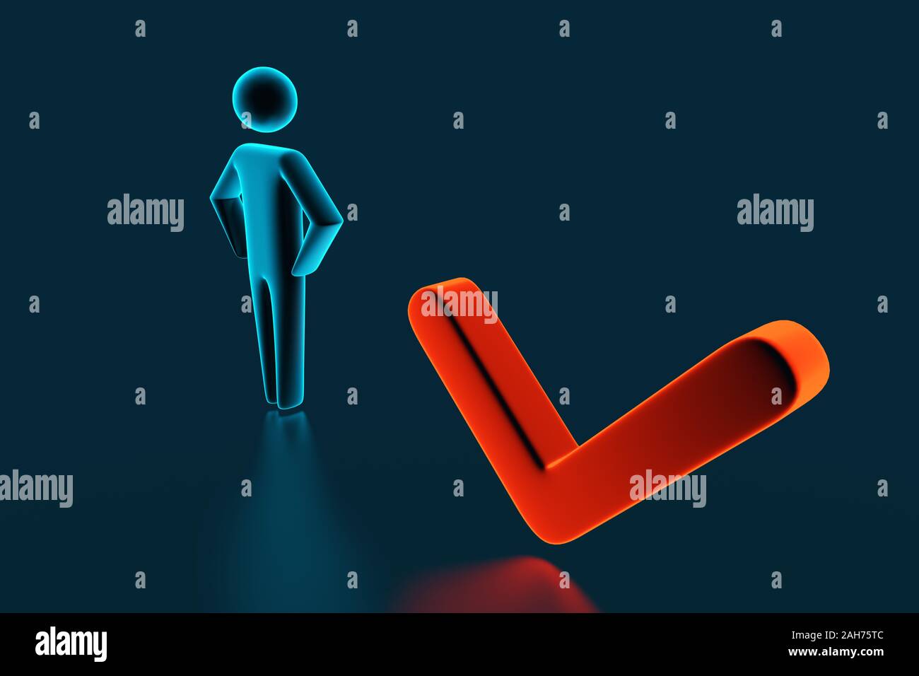 Il 3d uomo accanto al segno di spunta. Il concetto di attività completata. Il rendering 3D Foto Stock