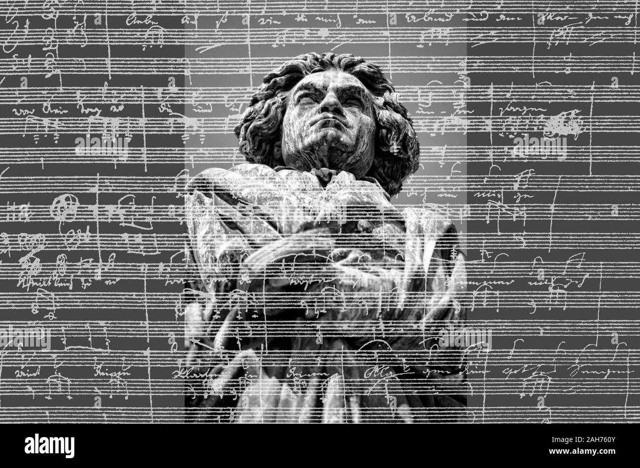 Scritto a mano la notazione musicale di Ludwig van Beethoven, love song, Zärtliche Liebe, 1795, monumento di Beethoven, Bonn, Germania, Foto Stock
