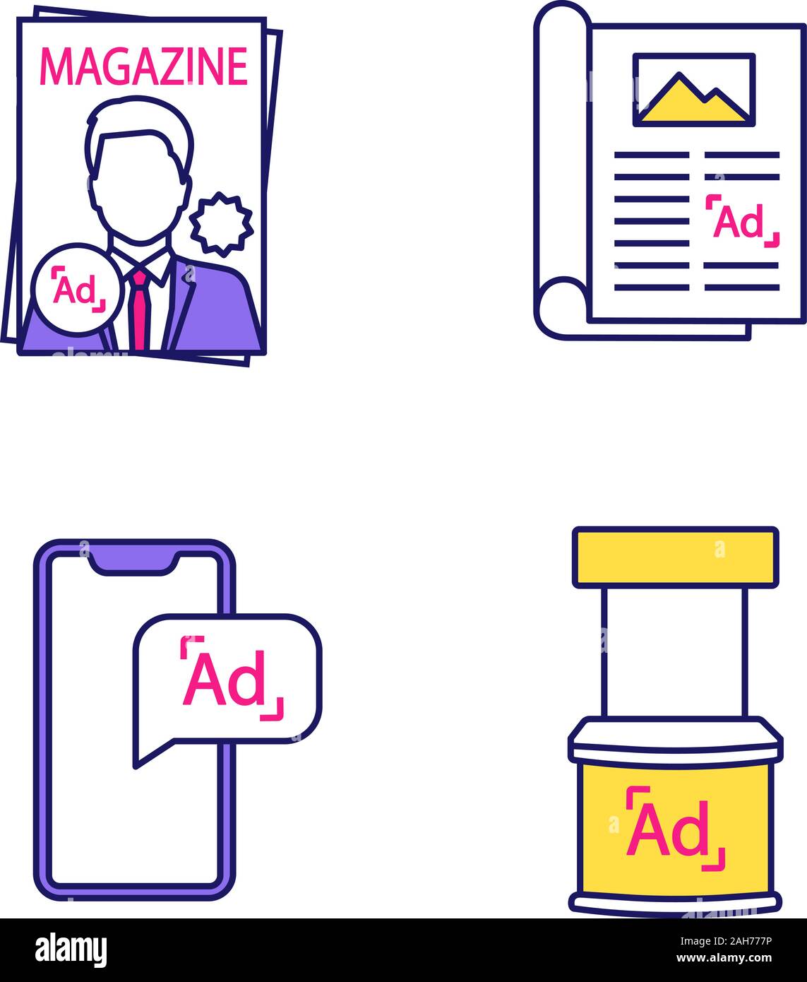 Canali pubblicitari a colori set di icone. Magazine, articolo, mobile marketing, supporto promozionale. Isolato illustrazioni vettoriali Illustrazione Vettoriale