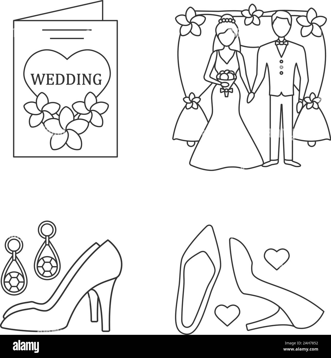 Wedding planning lineare set di icone. Donna accessori, tacco alto scarpa, invito a nozze, floreali arch. Linea sottile simboli di contorno. Vettore isolato ou Illustrazione Vettoriale