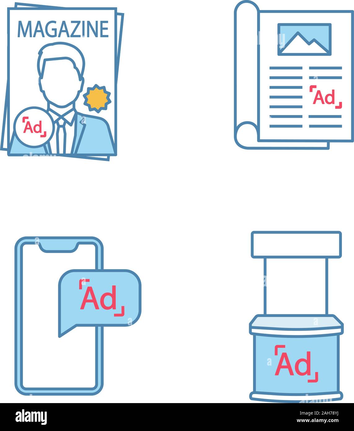 Canali pubblicitari a colori set di icone. Magazine, articolo, mobile marketing, supporto promozionale. Isolato illustrazioni vettoriali Illustrazione Vettoriale