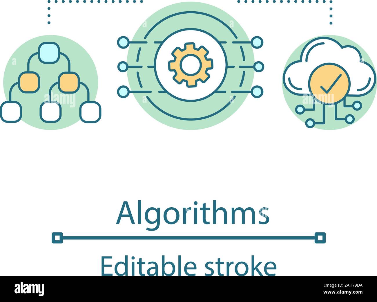 Concetto di algoritmi di icona. La macchina di apprendimento. La programmazione. La struttura dei dati e data mining. Rete. Il cloud computing. La tecnologia digitale idea linea sottile illustr Illustrazione Vettoriale