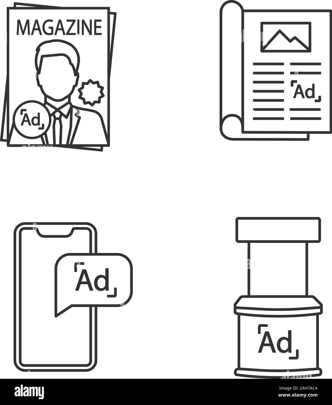 Canali pubblicitari lineare set di icone. Magazine, articolo, mobile marketing, supporto promozionale. Linea sottile simboli di contorno. Vettore isolato illu contorno Illustrazione Vettoriale