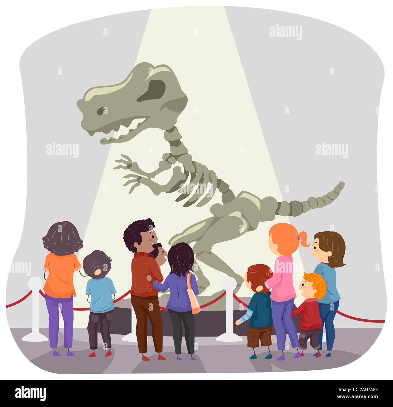 Illustrazione della famiglia Stickman guardando un osso di dinosauro display in un museo Foto Stock