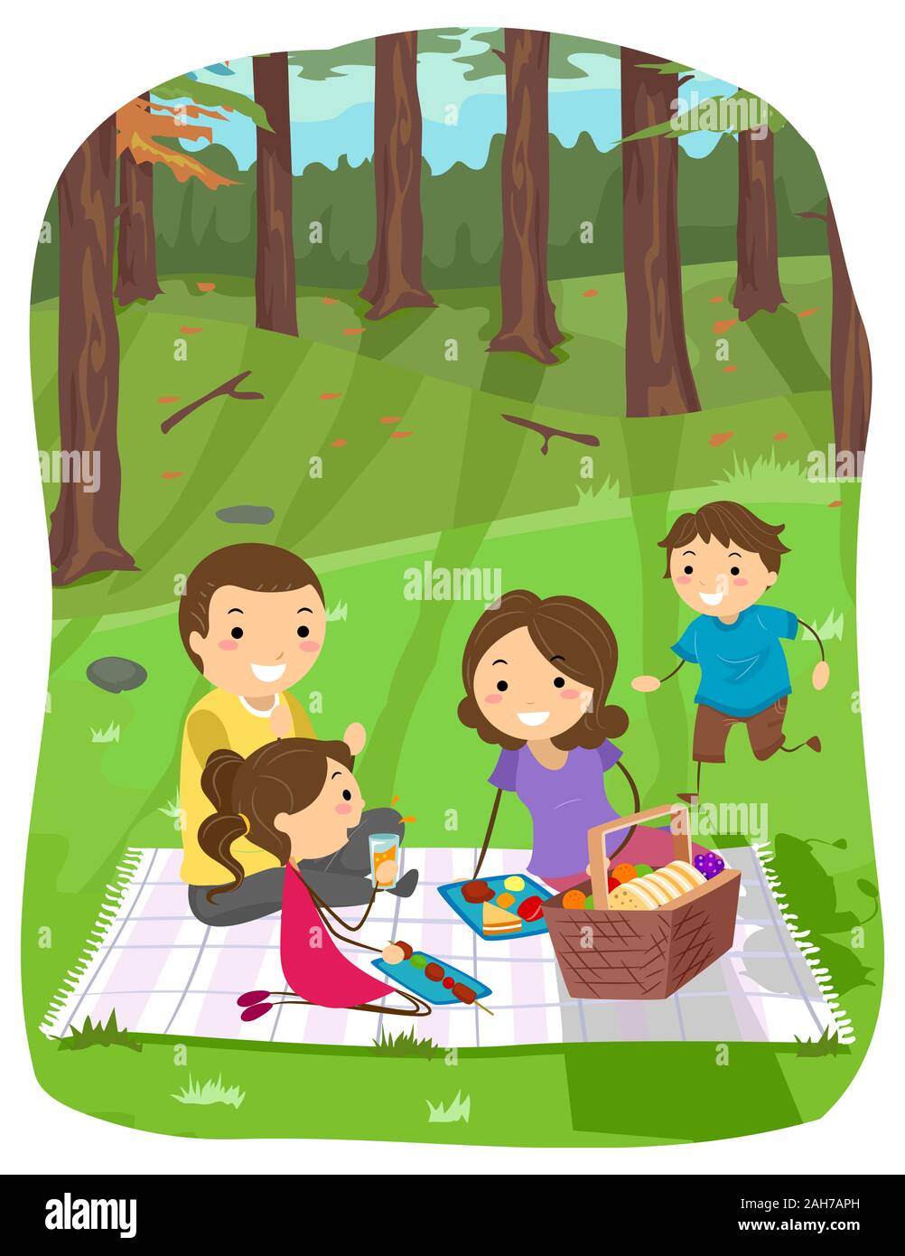 Illustrazione di Stickman famiglia mangiare e avente un picnic nel bosco o foresta Foto Stock