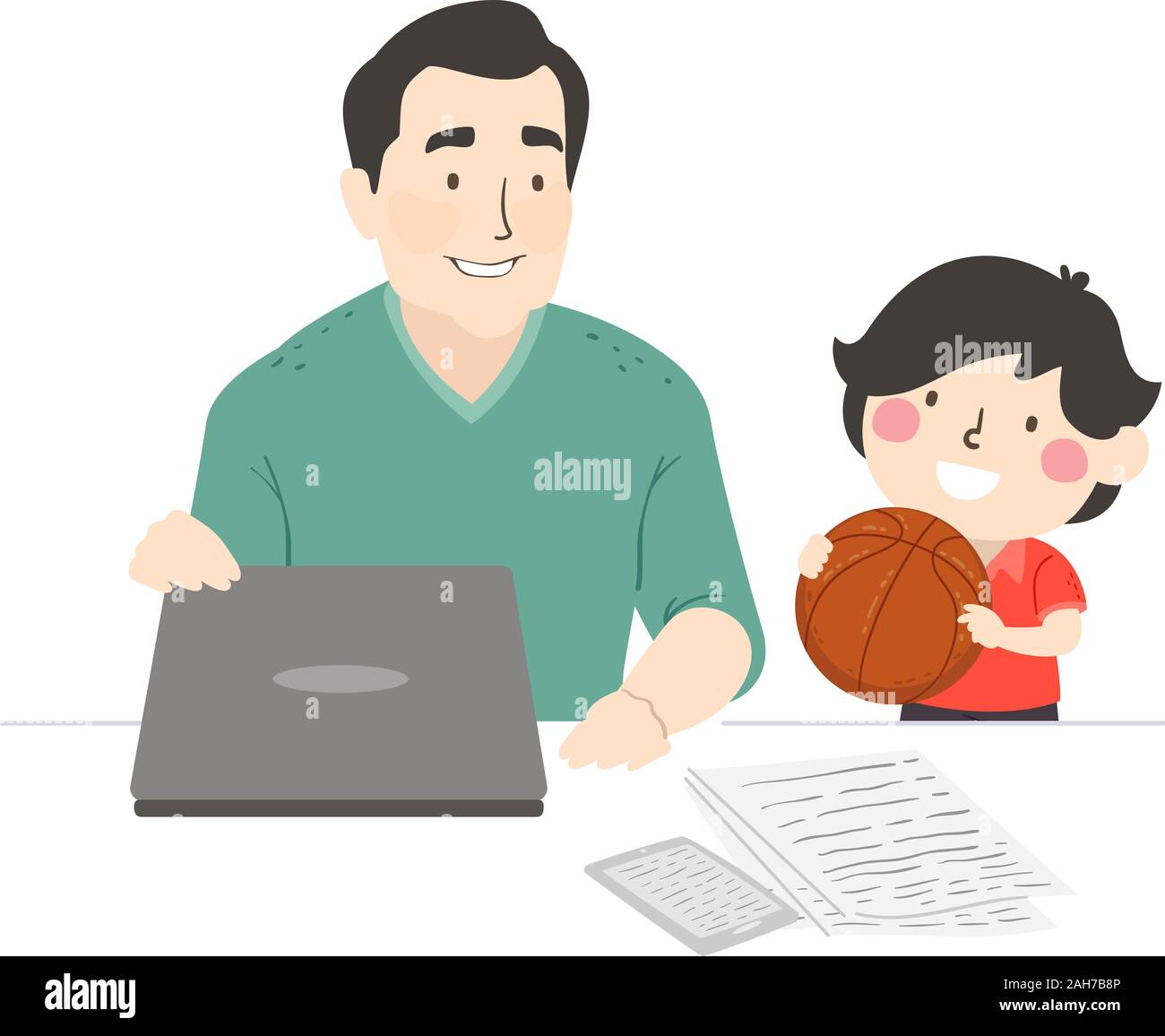 Illustrazione di un uomo chiudendo il suo laptop per giocare a pallacanestro con suo figlio, risoluzione di nuovi anni, trascorrere più tempo in famiglia Foto Stock