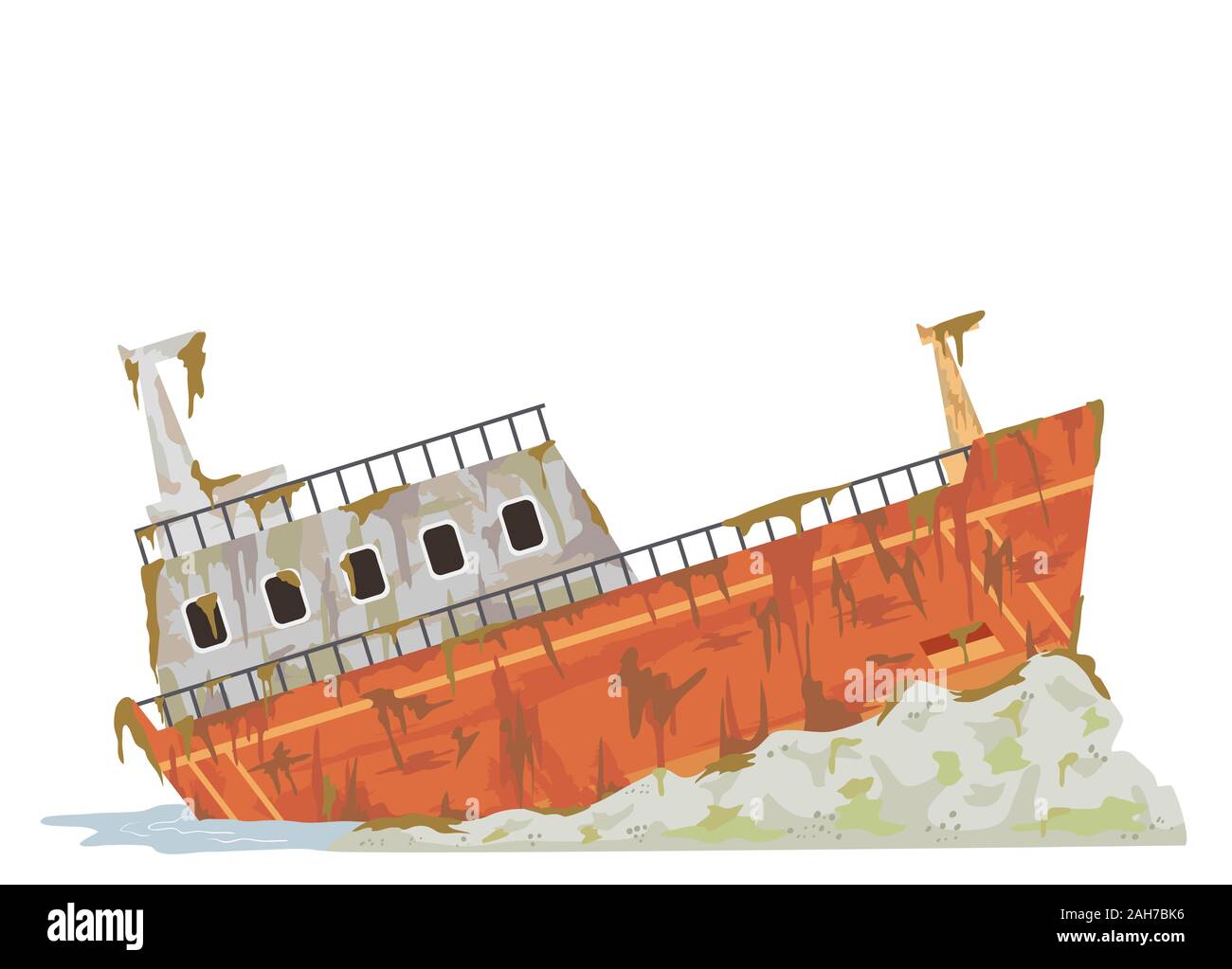 Illustrazione di un arrugginimento abbandonato nave cargo in riva al mare Foto Stock