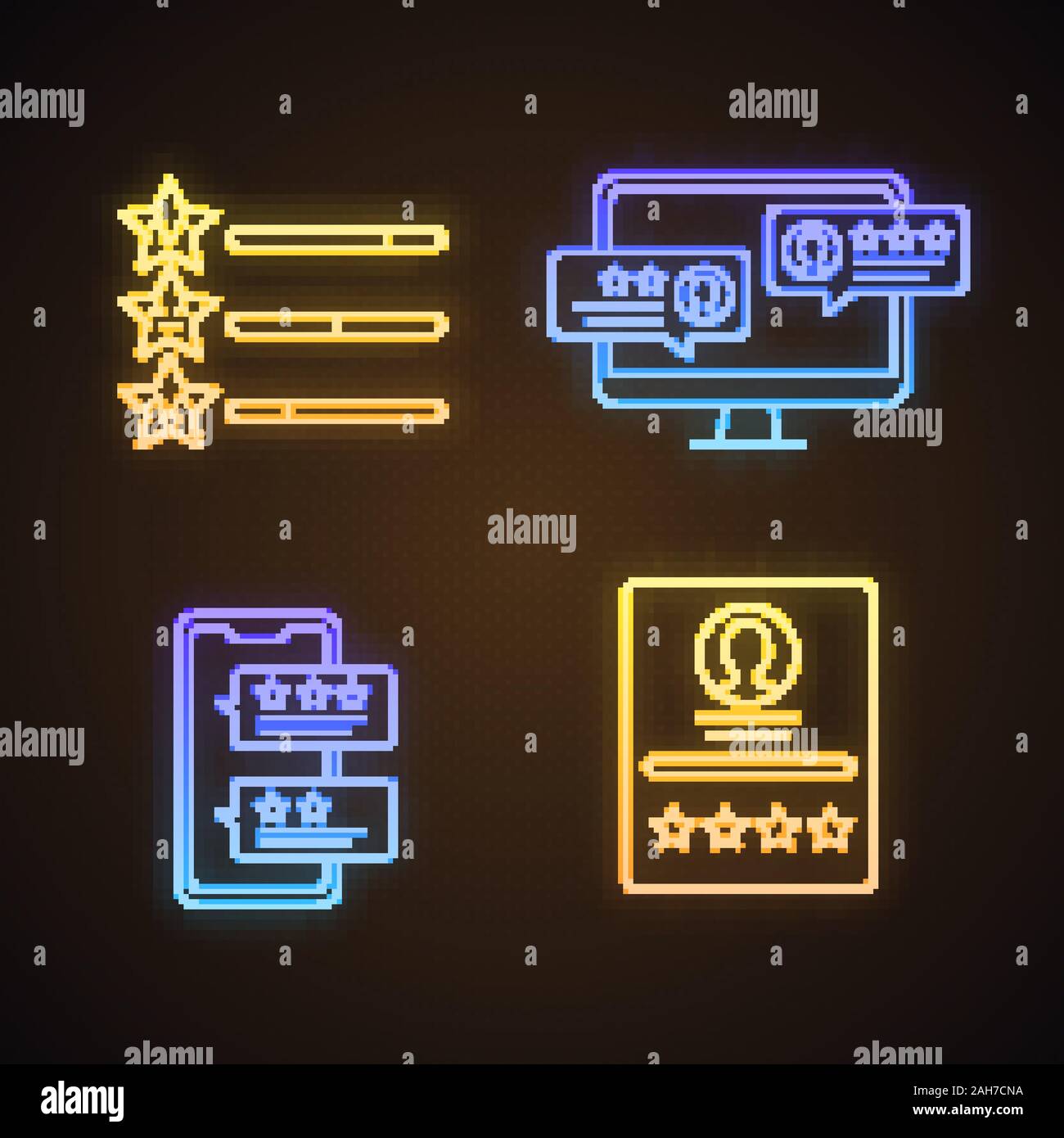 Rating di luce al neon set di icone. Recensioni dei clienti, scala di valutazione e feedback. Segni incandescente. Vettore illustrazioni isolate Illustrazione Vettoriale