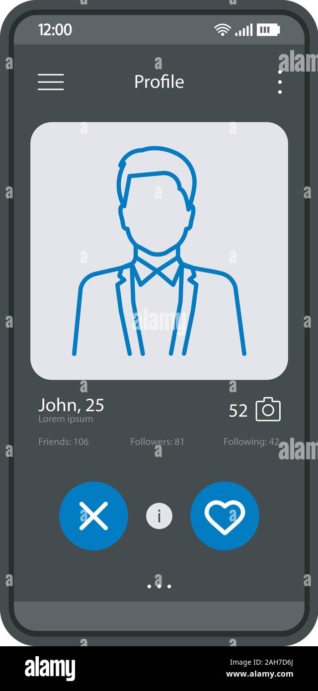 Dating app interfaccia profilo template vettoriale. Mobile App interface design nero formato. Online dating applicazione smartphone. Interfaccia utente di piatto. Display del telefono w Illustrazione Vettoriale