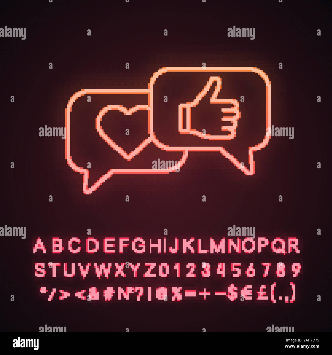 Il feedback del cliente una luce al neon icona. Social media ama e commenti. Recensioni positive. Rating, classifica. Segno incandescente con alfabeto, numeri e simboli Illustrazione Vettoriale