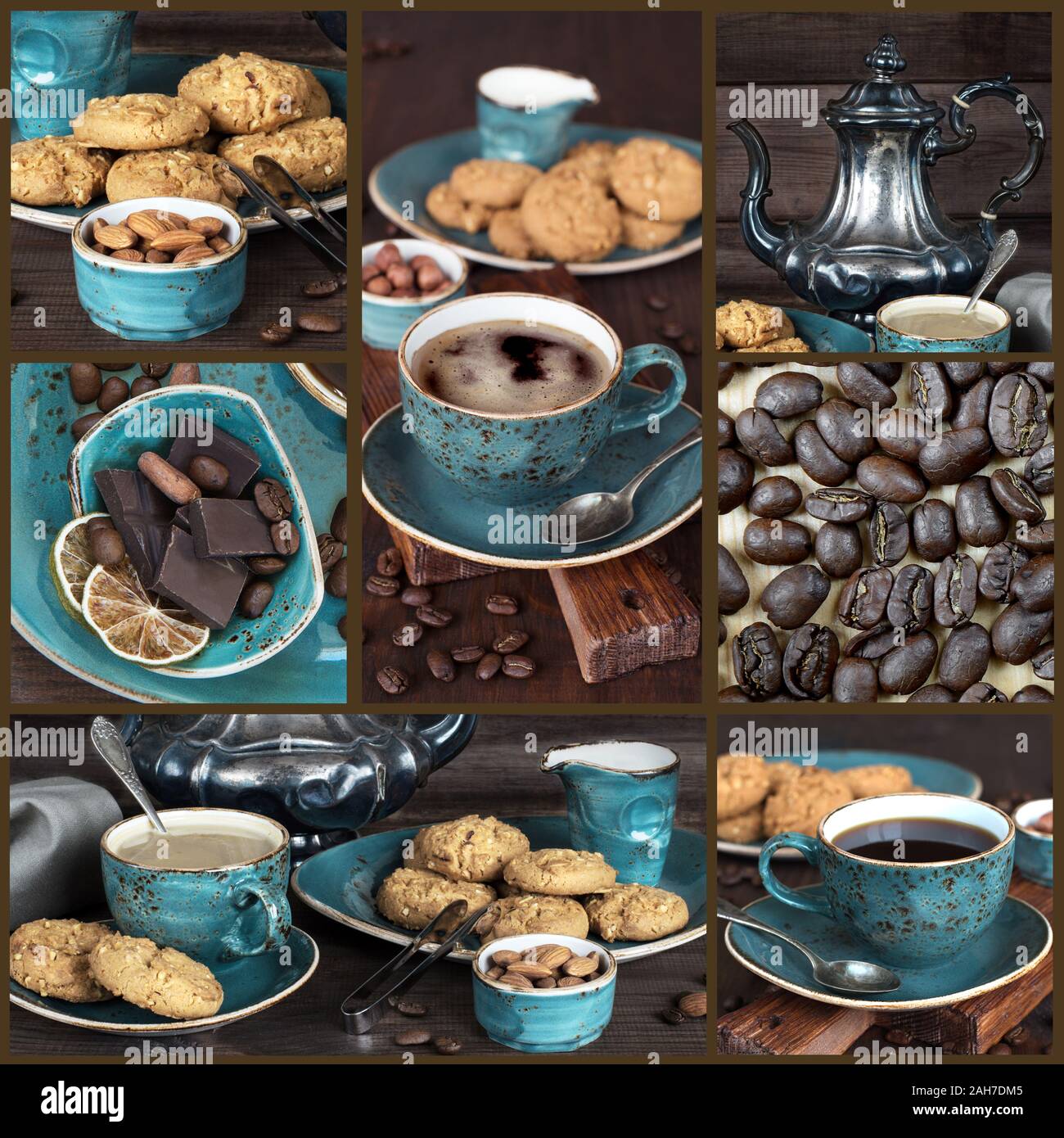 Serie di immagini di caffè e dolci in un blu vintage bowl Foto Stock